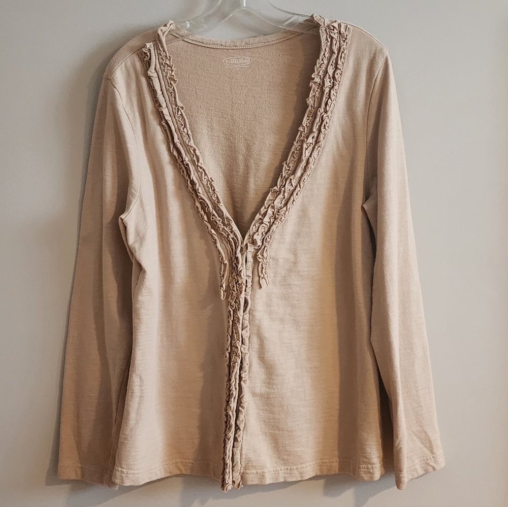 Beige Ruffle Trim Button-Front Cotton Cardigan